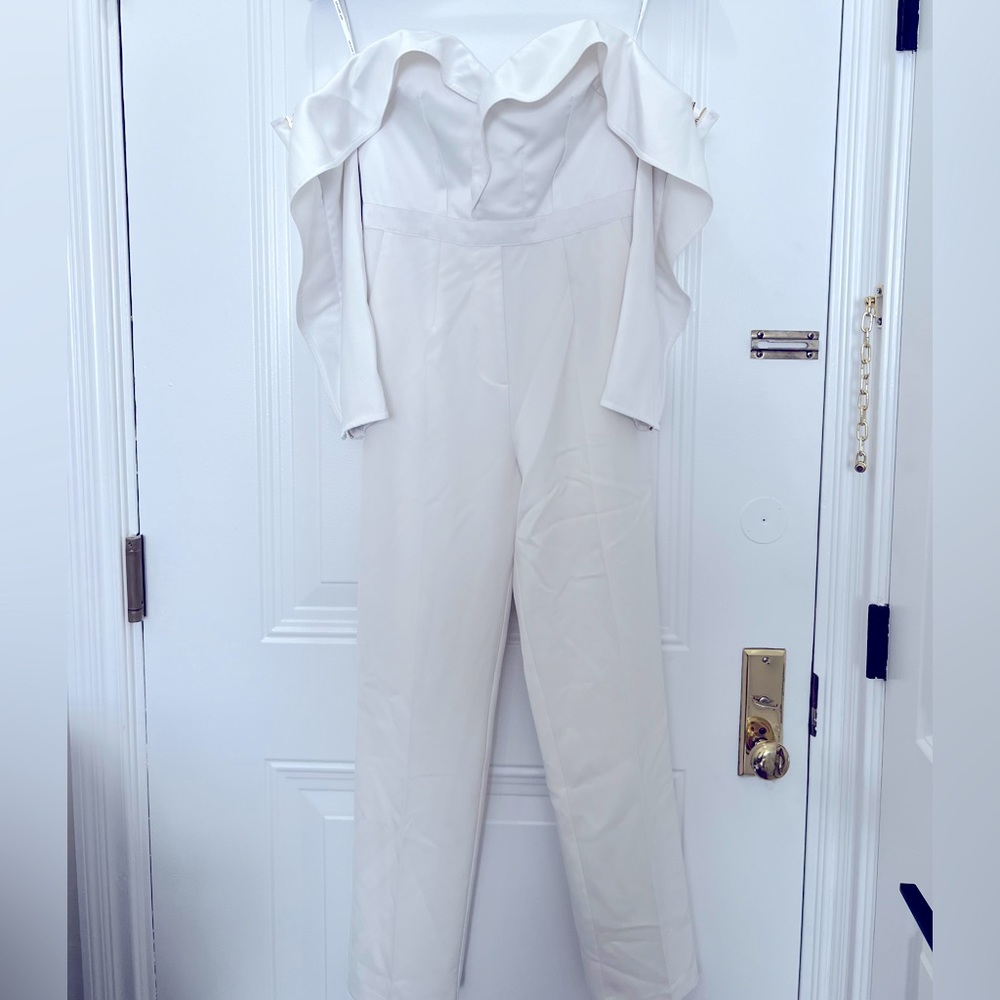 Off the shoulder ruffled satin jumpsuit by Self-Portrait. White. Size US 6/UK 10